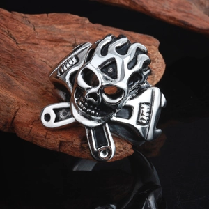 Men Skull Wrench Stainless Steel Ring Punk Rock Style Mechanical Ghost Head Biker Gothic Statement Jewelry