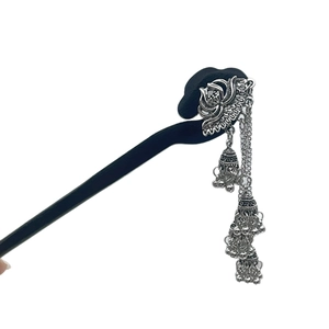 Vintage Chinese lotus tassel wooden hair pin with silver floral bell charms