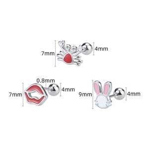 Titanium steel stud earrings set with cute crab, lips and bunny animal drip oil patterns