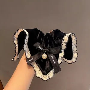 Velvet Lace Scrunchie With Bowknot And Faux Artificial Pearl Pendant Vintage French Elegant Hair Tie For Women Girls