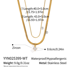 Detail showing double-layer gold snake chain dimensions and round zircon pendant specs