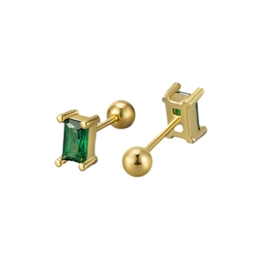 Minimalist gold screw back earrings featuring emerald green rectangular gemstones for women