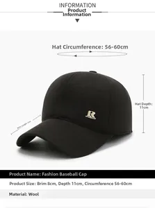 Detail view of black wool baseball cap with dimensions: 8cm brim, 11cm depth, 56-60cm circumference