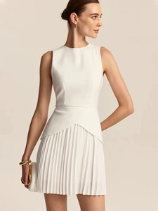 Elegant white sleeveless pleated mini dress with a slim fit waist for women