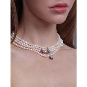 Retro multi-layer pearl choker necklace featuring colorful birthstone pendants for women