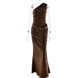 Elegant one shoulder brown satin maxi dress with pleated details and mermaid silhouette