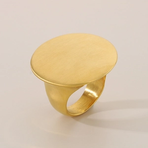 Detailed macro view of the minimalist golden brushed oval surface on a stainless steel ring