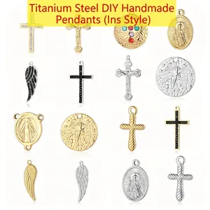 Assorted titanium steel cross and angel wing pendants in gold and silver plating