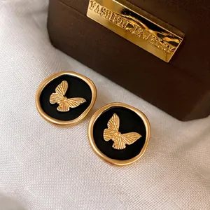 French Vintage Butterfly Stud Earrings With 925 Sterling Silver Earring Post Alloy Black Enamel Round Elegant For Women