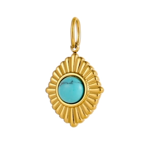 Macro detail of sunburst stainless steel pendant featuring a round turquoise stone inlay