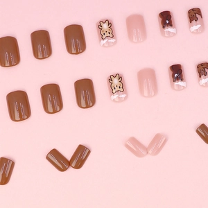Brown and pink short square press-on nails with cute bear patterns 24-piece set