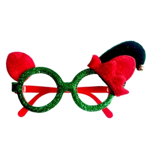 Green glitter Christmas elf glasses frame with red hat and bell decoration for kids