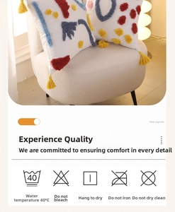 Detail of tufted rainbow cushion with geometric embroidery and yellow tassels on a white chair