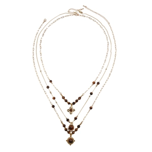 Retro multi-layer gold necklace with tiger eye beads and flower pendant for women