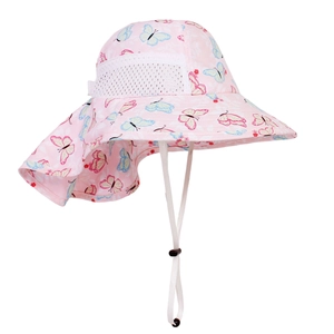 Pink kids sun hat with colorful butterfly prints and breathable mesh side panels
