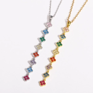 Luxurious stainless steel long necklace with multi-color zircon clover charms in gold and silver
