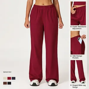 Women high waist wide leg sweatpants in burgundy with elastic waist and side pockets
