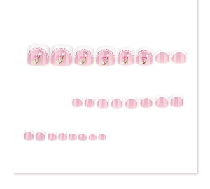 Detailed set of French white flower press-on toenails with pink tulip design