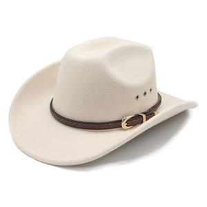 Cream felt western cowboy hat with brown braided leather belt and gold metal buckle
