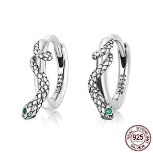 Snake Hoop Earrings 925 Sterling Silver With Green Zircon Eyes Vintage Texture Animal Ear Buckles For Women