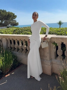 Women Long Sleeve Maxi Dress Ruched Twist Knot Bodycon Solid Color Round Neck Elegant Floor Length Party Slim Fit