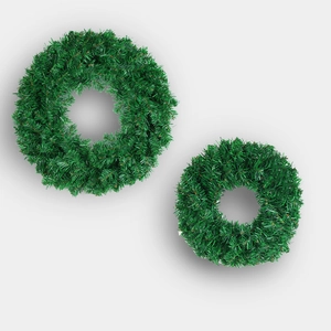 Set of two green artificial PVC Christmas pine wreaths in small and large sizes