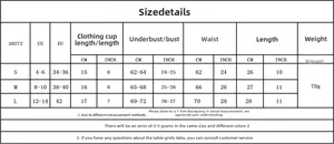 Detailed size chart for lace lingerie set including bust, waist, and length measurements