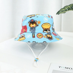 Chapeau de soleil bleu pour enfants avec motif ours et cordon de serrage réglable en coton