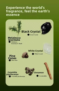 Detail of natural essential oil diffuser kit with crystals, cinnamon and pine cones
