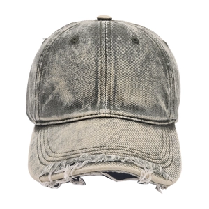 Retro washed grey-green baseball cap with distressed frayed edges and a soft top design