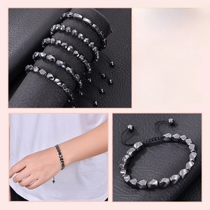 Adjustable hematite stone bracelets featuring metallic black beads and woven cord