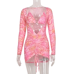 Pink snake print two-piece set with long sleeve hollow cut-out dress and triangle bikini top