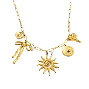 18K gold plated stainless steel necklace featuring sun, butterfly and heart charms