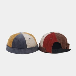 Retro patchwork corduroy docker hat with brimless design and adjustable strap for men