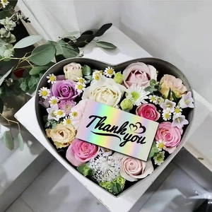 Heart-shaped flower box with colorful roses and holographic Thank You laser card