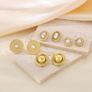 Vintage Round Oval Stud Earrings Stainless Steel Shell Artificial Pearl Zircon Crystal Textured Elegant Jewelry For Women
