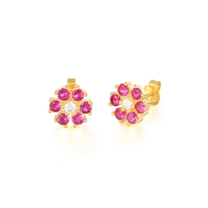 Macro shot of 925 silver six-petal flower earrings with pink and white gemstones