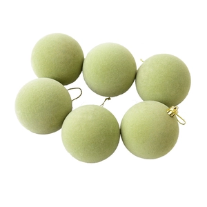Set of 6 light green flocked velvet Christmas ornaments with elegant gold hanging hooks
