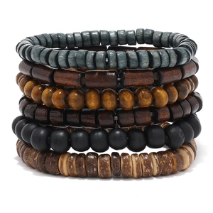 Handmade multilayer wood bead bracelets set for men featuring rustic coconut shell textures