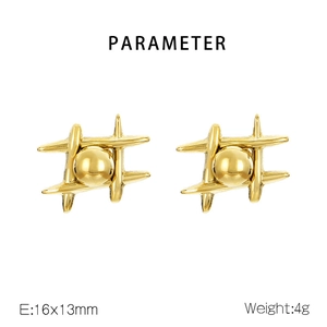 Detailed view of gold geometric crisscross earrings with dimensions 16x13mm and 4g weight