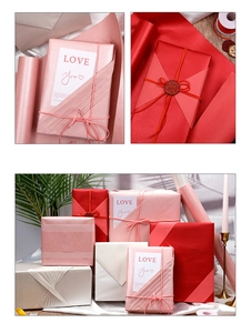 Detailed views of red and pink gift wrapping boxes with elegant ribbons and wax seals