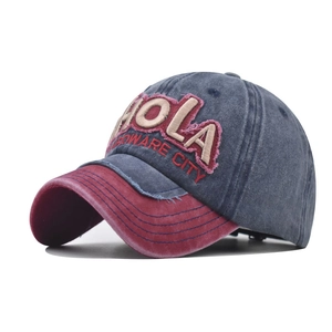 Retro distressed cotton baseball cap with HOLA embroidery and navy burgundy color block