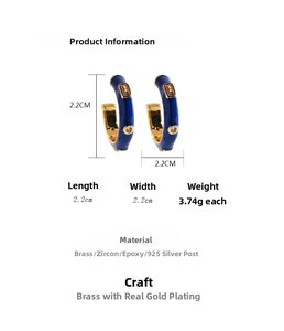 Detailed size specifications for white enamel C-shape earrings with blue zircon