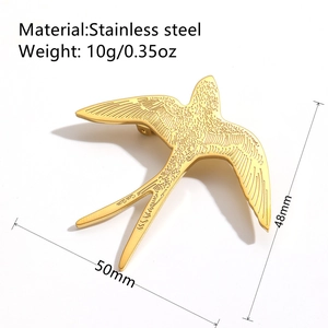 Golden swallow animal brooch in stainless steel with feather texture 50mm x 48mm size