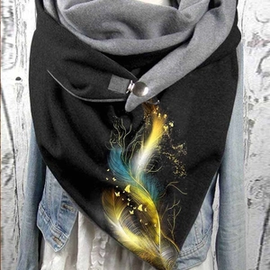 Women's warm triangle scarf with blue gold feather print and metal buckle closure