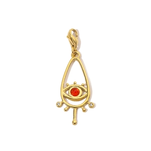 Detail of gold evil eye pendant with red stone and lobster clasp for DIY jewelry
