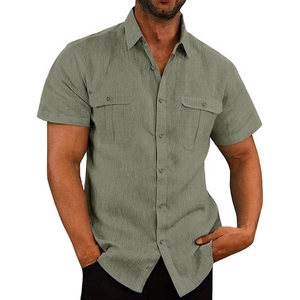 Men's olive green linen short sleeve shirt with chest pockets and classic lapel collar