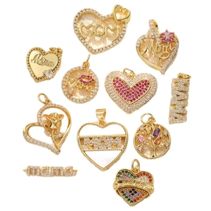 Gold-plated mama heart pendants with multi-colored crystals for DIY mother's day jewelry