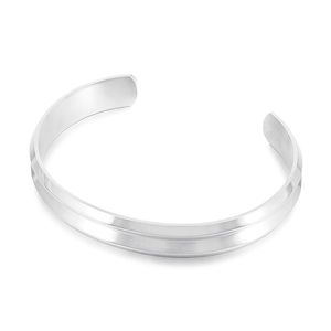 Sleek silver stainless steel C-shaped open cuff bracelet with three parallel grooves