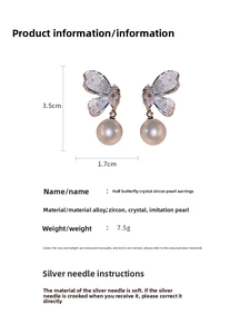 Detailed size specifications of butterfly pearl drop earrings with crystal tassels